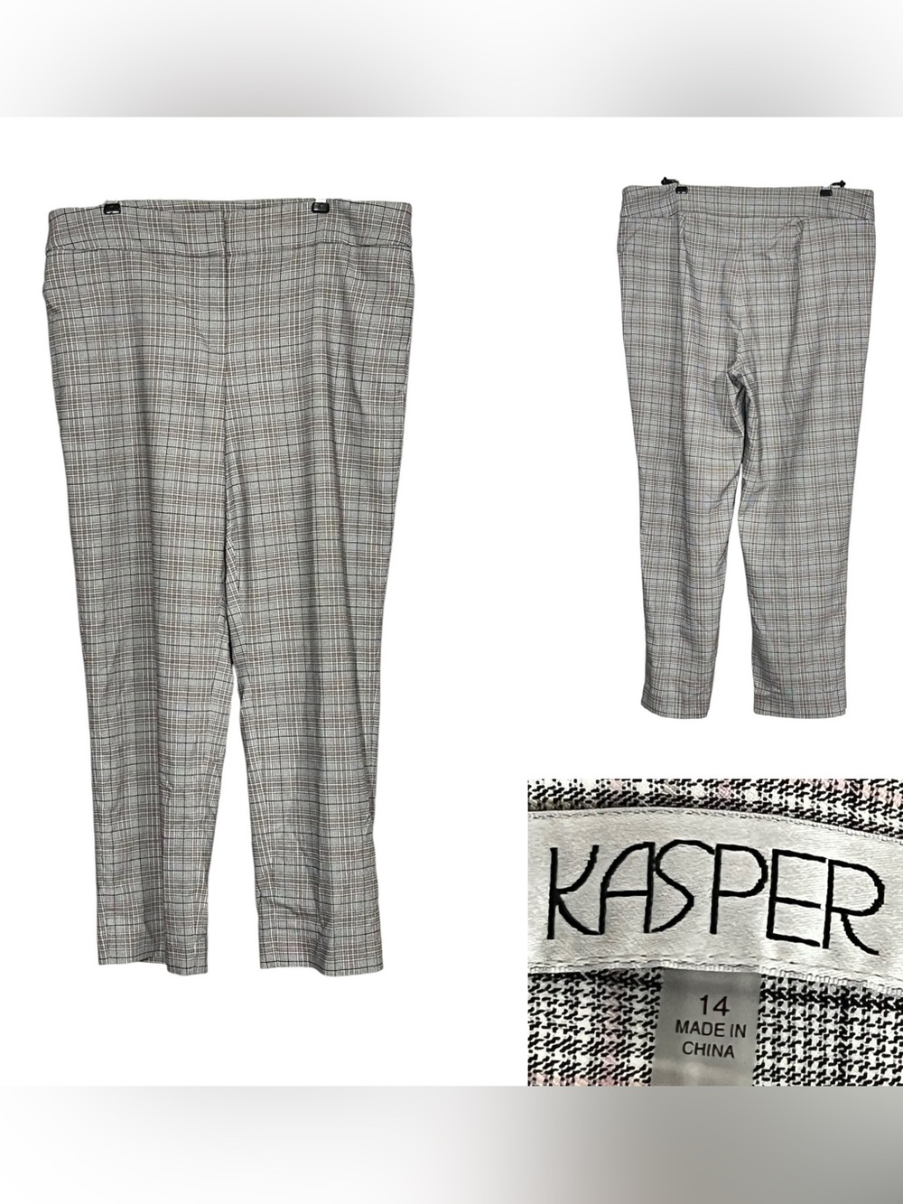 Kasper trousers Ankle dress Pants Sz 14 Gray/Pink Plaid office business fall